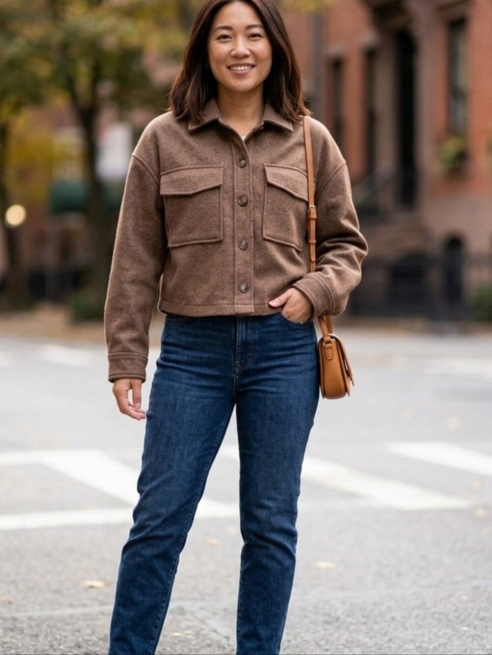 Love Tree Brown Button Up Wool-Feel Cropped Coat, M